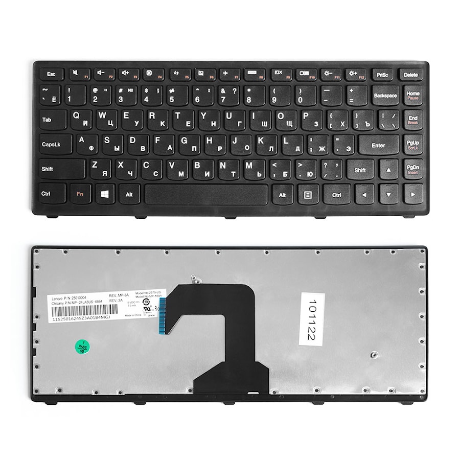 Клавиатура для ноутбука Lenovo IdeaPad S300, S400, S405 Series. Плоский Enter. Черная, с черной рамкой. PN: 25205086, T3E1-RU.