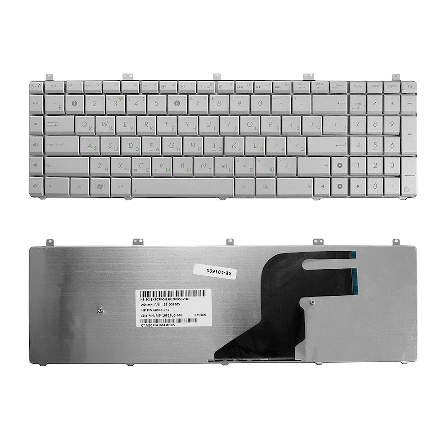 Клавиатура для ноутбука Asus N75, N75S,N75SF, N75SL Series. Плоский Enter. Серебристая, без рамки. PN: 04GN691KRU00-2, MP-11A13SU-6920.