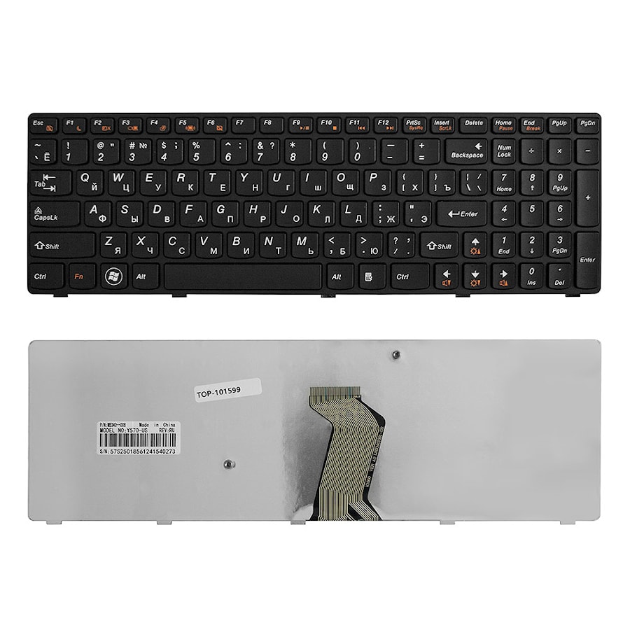 Клавиатура для ноутбука Lenovo IdeaPad Y570, Y570A Series. Плоский Enter. Черная, без рамки. PN: Y570-RU, MP-10K5.