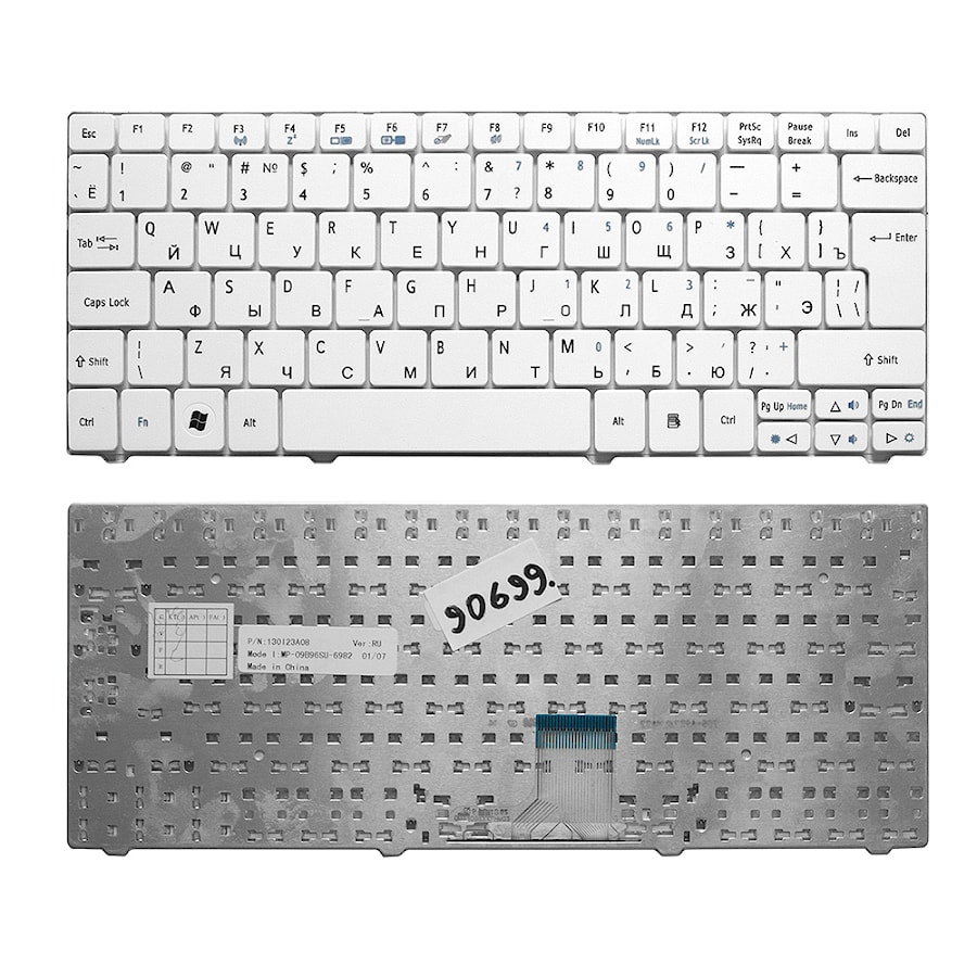 Клавиатура для ноутбука Acer Aspire 1410, 1425, 1810, 1830 Aspire One 721, 722, 751 Series. Г-образный Enter. Белая без рамки. PN: NSK-AQ10R.
