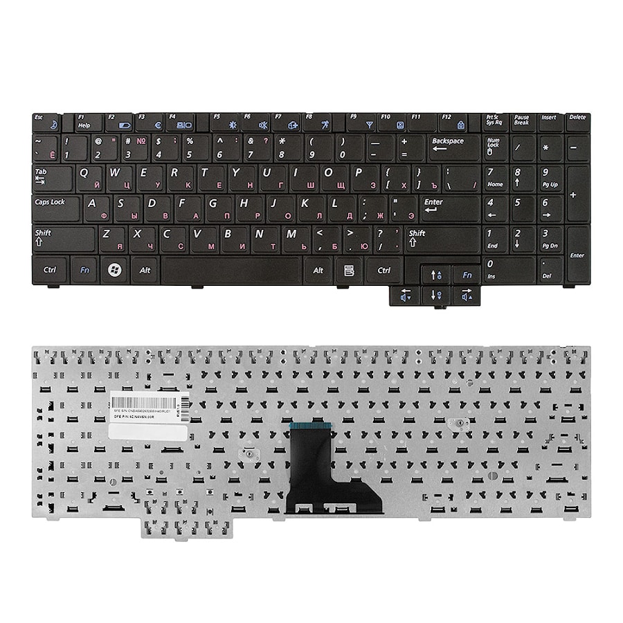 Клавиатура для ноутбука Samsung R519, R523, R525, R528, R530, R538, R540, P580 Series. Плоский Enter. Черная, без рамки. PN: 9Z.N5LSN.00R.