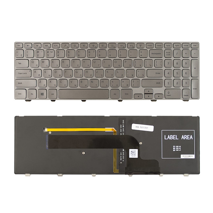 Клавиатура для ноутбука Dell Inspiron 15-7537, 15-7737, 15-7746 Series. Плоский Enter. Серебристая, с серебристой рамкой. С подсветкой. PN: 0KK7X9.