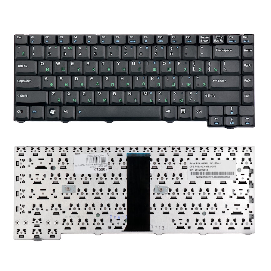 Клавиатура для ноутбука Asus F2, F3, X53, PRO31, T11, Z53 Series. (28pin). Плоский Enter. Черная, без рамки. PN: K012462A1, 04GNI11KUS00.