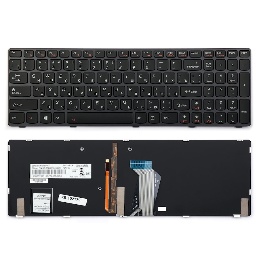 Клавиатура для ноутбука Lenovo Y580 Series.Плоский Enter. Черная, с рамкой. С подсветкой. PN: 25-207343, 25207343, T4B8-RU, NSK-B55BC 0R.