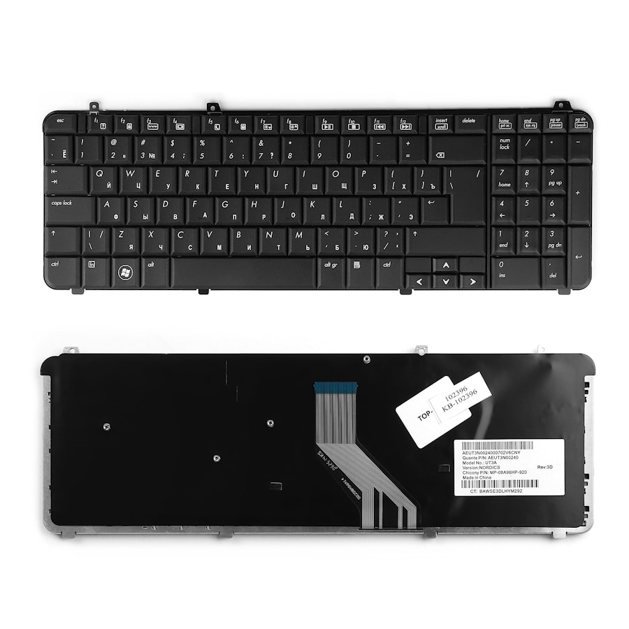 Клавиатура для ноутбука HP Pavilion DV6-1000, DV6-1100, DV6-1200, DV6-1300, DV6-2000 Series. Г-образ Enter. Черная, без рамки. PN: UT3A, MP-08A96D0-92