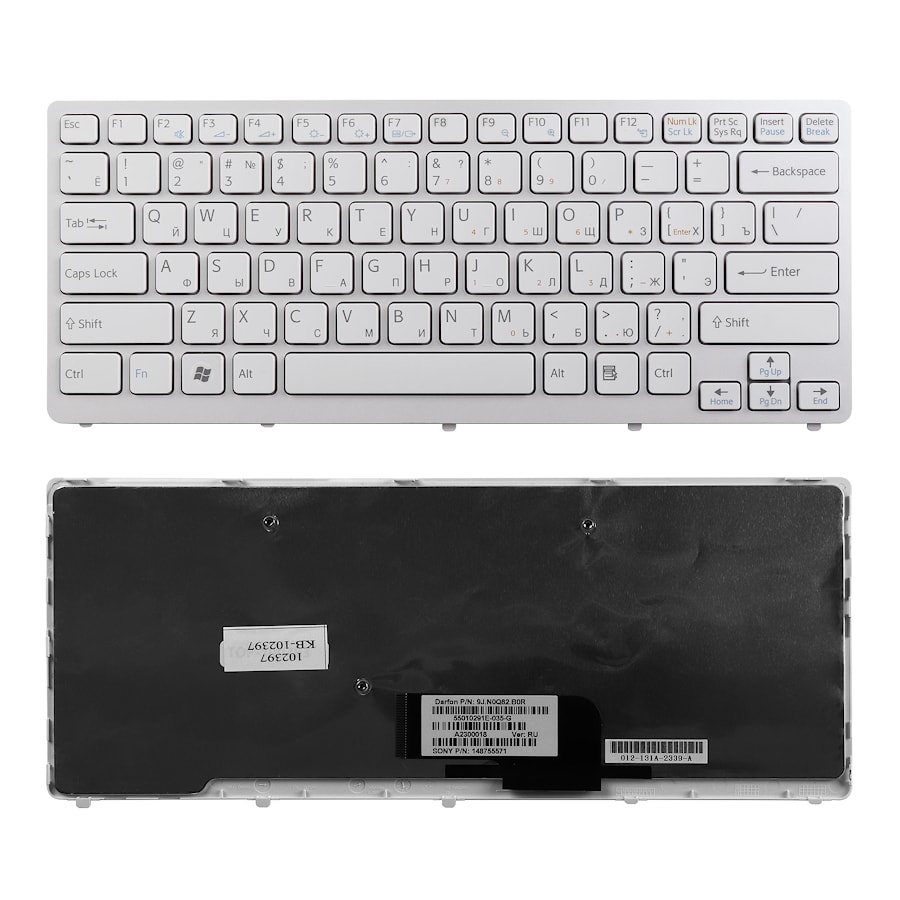 Клавиатура для ноутбука Sony Vaio VPC-CW, VGN-CW, VGNCW Series. Плоский Enter. Белая. С белой рамкой. PN: NSK-S7A0R, 9J.N0Q82.A0R.