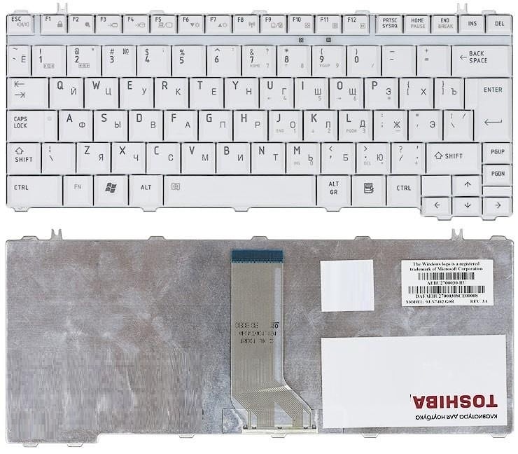 Клавиатура для ноутбука Toshiba Satellite A600, T130, T135, U400, U405, U500 Series. плоский Enter. Белая, без рамки. PN: V101462AK1, 0KN0-VG1RU01