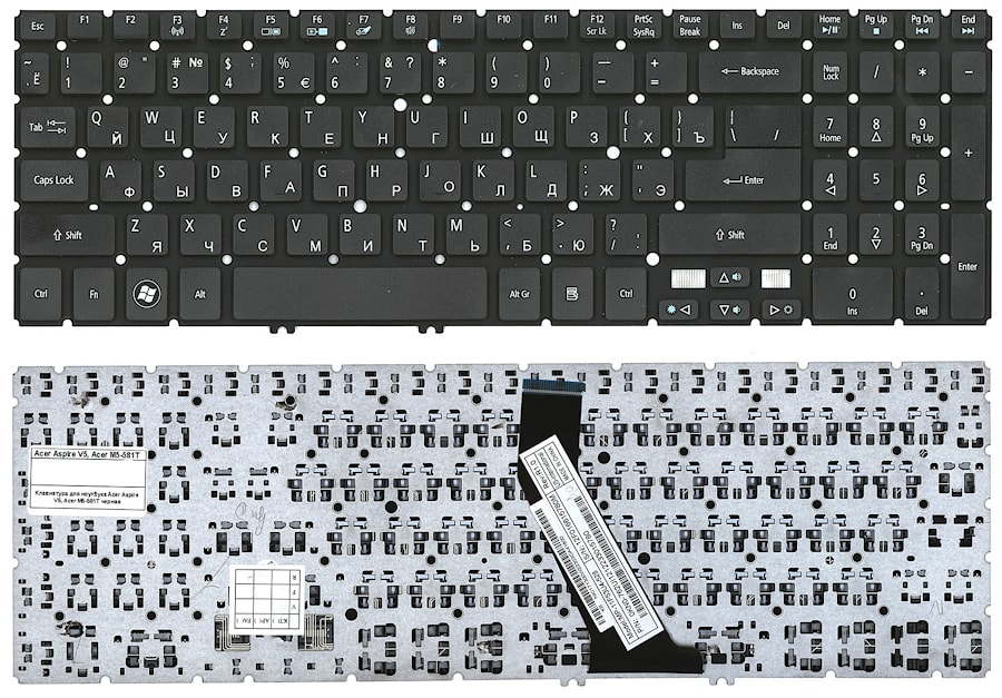 Клавиатура для ноутбука Acer Aspire V5-531, V5-551, V5-552, V5-571, V5-572, V7-581, V7-582, M3-581, M5-581 черная, без рамки