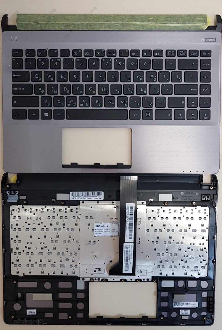 Клавиатура для ноутбука Asus K41, K42, K43, U31, U35, U41, UL30, U32, UL35, N82 черная, верхняя панель в сборе (серебряная)