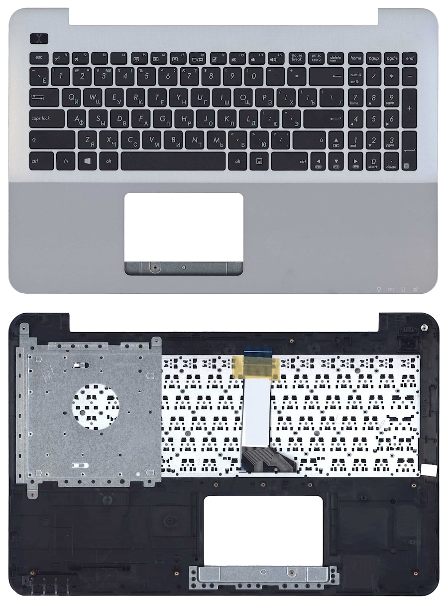 Клавиатура для ноутбука Asus K555LN черная, верхняя панель в сборе (серебряная)
