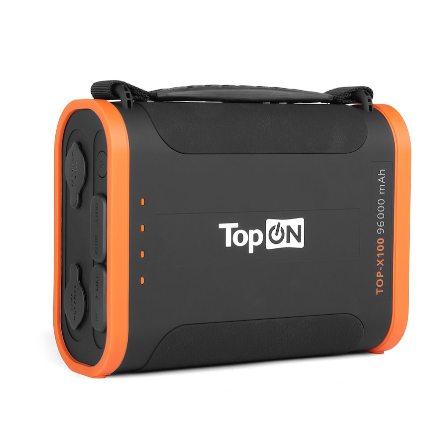Внешний аккумулятор TopON TOP-X100 96000mAh USB-C PD3.0 60W, USB1 QC3.0, USB2 12W, 2 авторозетки 180W, фонарь, защита от пыли и брызг. Черный