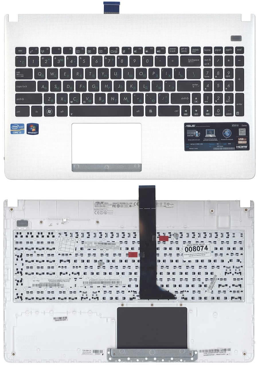 Клавиатура для ноутбука Asus X501, X501A, X501U черная, верхняя панель в сборе (белая)