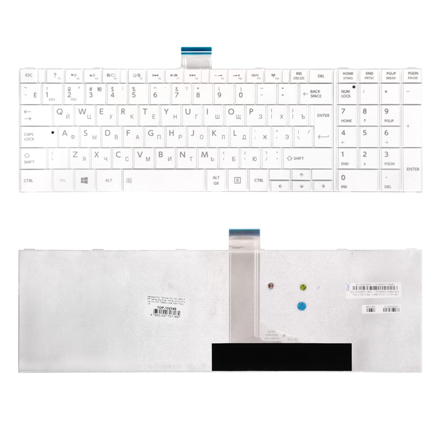 Клавиатура для ноутбука Toshiba C50, L50, C850, P870 Series. Г-образный Enter. Белая, без рамки. PN: MP-11B96SU-528, NSK-TT0SU 0R.