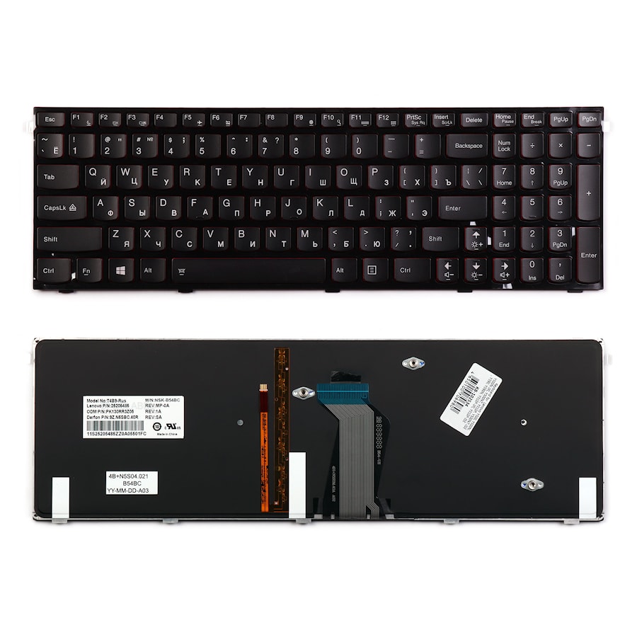 Клавиатура для ноутбука Lenovo Y500, Y500N Series. Плоский Enter. Черная с рамкой. С подсветкой. PN: T4B9-US, 25205474, PK130RR3A00.