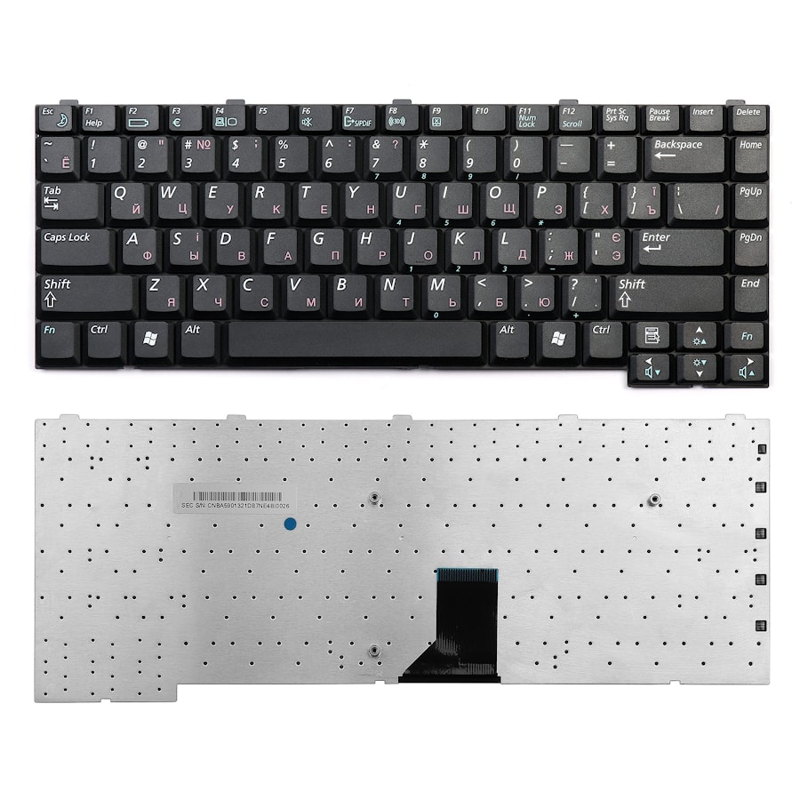 Клавиатура для ноутбука Samsung M40, M45, R50, R60 Series. Плоский Enter. Черная без рамки.