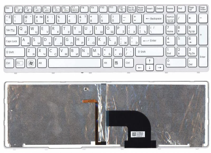Клавиатура для ноутбука Sony Vaio SVE1711, SVE1711Z1R, SVE1711V1R, SVE1711S9R, SVE1711T1R, SVE1711Q1R, SVE1711G1R белая, с рамкой, с подсветкой  