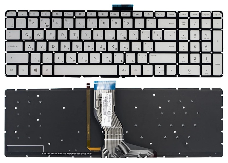 Клавиатура для ноутбука HP Pavilion 15-bs, 15-bw, 17-bs, 250 G6, 255 G6, 258 G6 серебряная, без рамки, с подсветкой