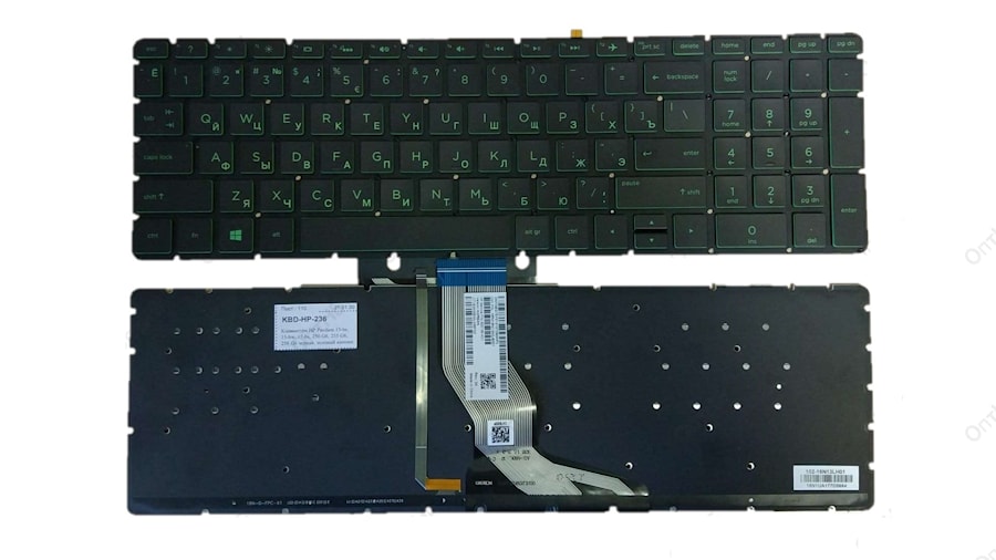 Клавиатура для ноутбука HP Pavilion 15-bs, 15-bw, 17-bs, 250 G6, 255 G6, 258 G6 черная, зеленые кнопки, с подсветкой