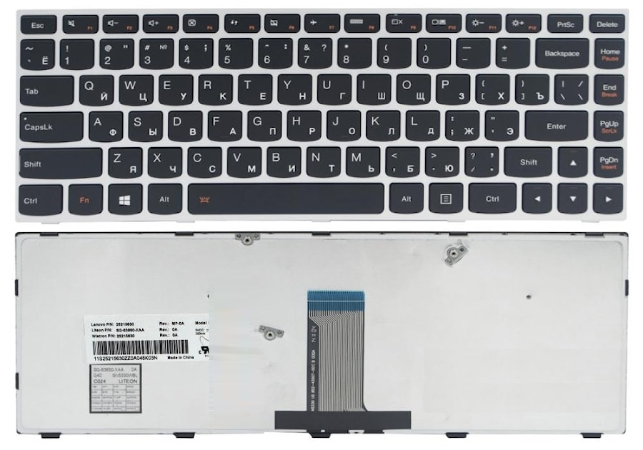 Клавиатура для ноутбука Lenovo IdeaPad Flex 2-14, G40-30, G40-70 черная, рамка серебряная, без подсветки