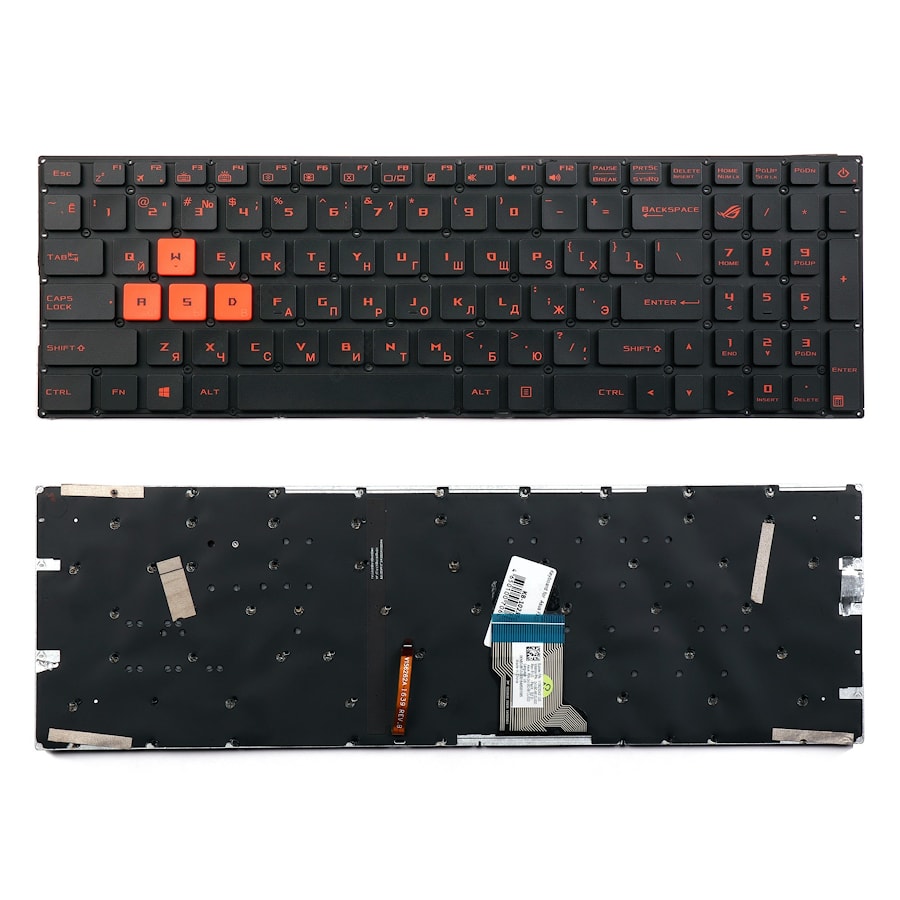 Клавиатура для ноутбука Asus FX502, FX502V, FX502VM, FX502VD, GL502, GL502V, GL502VM, GL502VS, GL502VT, GL502VY черная, кнопки оранжевые, с подсветкой