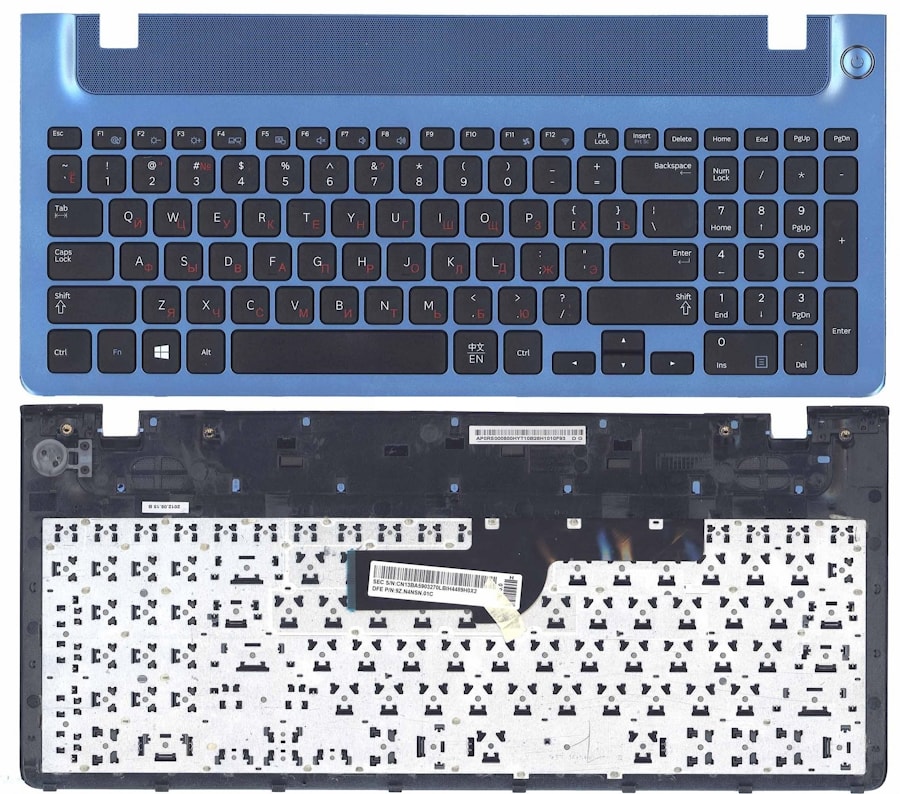Клавиатура для ноутбука Samsung NP270E5E, NP300E5V, NP350E5C, NP350V5C, NP355E5C, NP355V5C, NP550P5C черная, рамка синяя