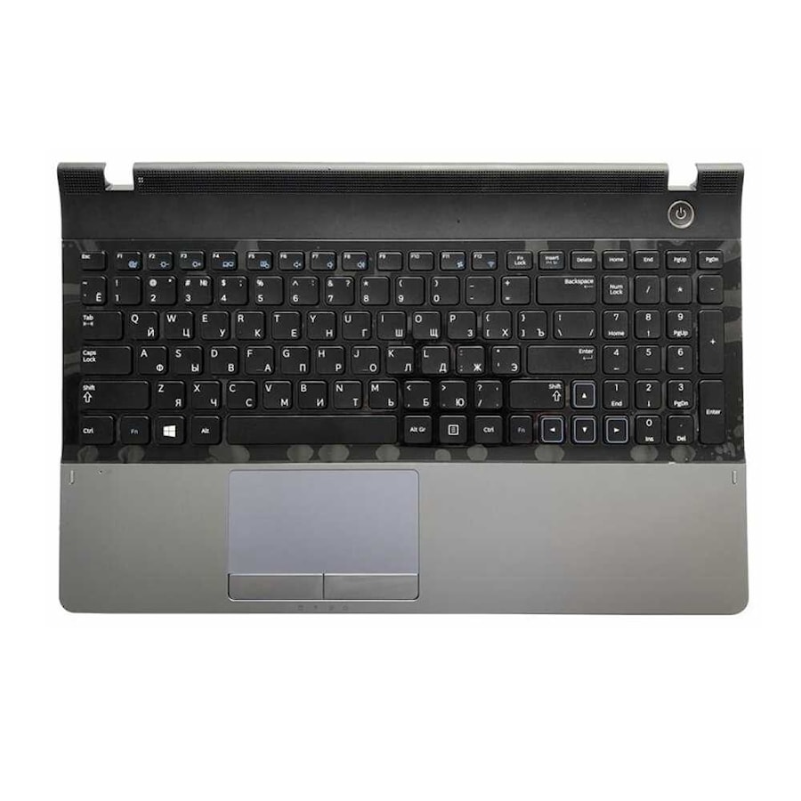 Клавиатура для ноутбука Samsung NP300E5A черная, верхняя панель в сборе (синяя)