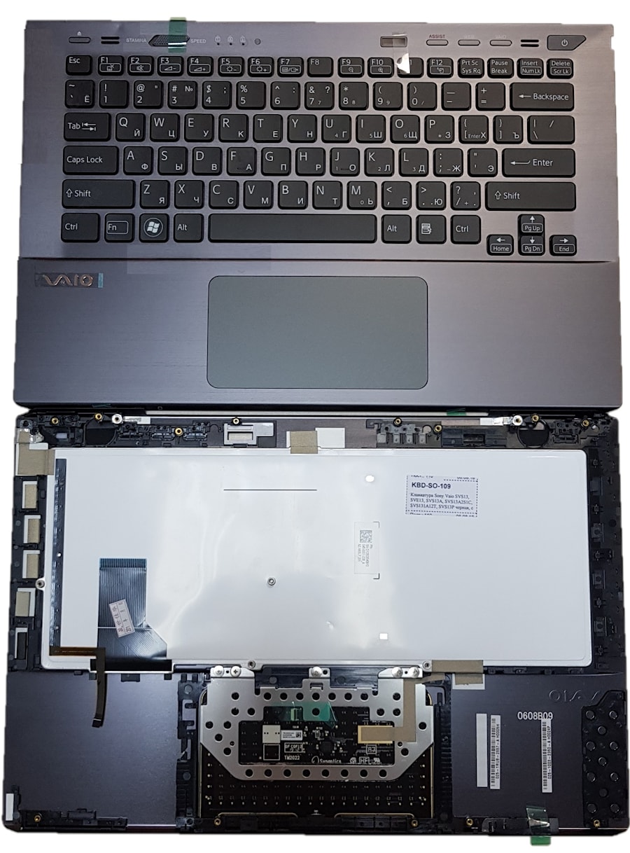 Клавиатура для ноутбука Sony Vaio SVS13, SVE13, SVS13A, SVS13A2S1C, SVS131A12T, SVS13P черная, с подсветкой, верхняя панель в сборе (серая)